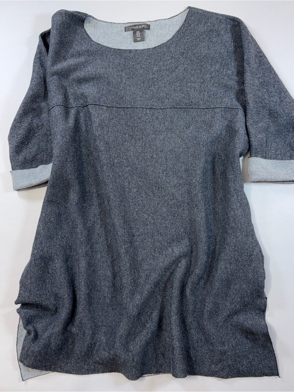 Tahari Heather Gray Knit Tunic Sweater 3/4 Sleeve Side Pockets Cotton Rayon 1X